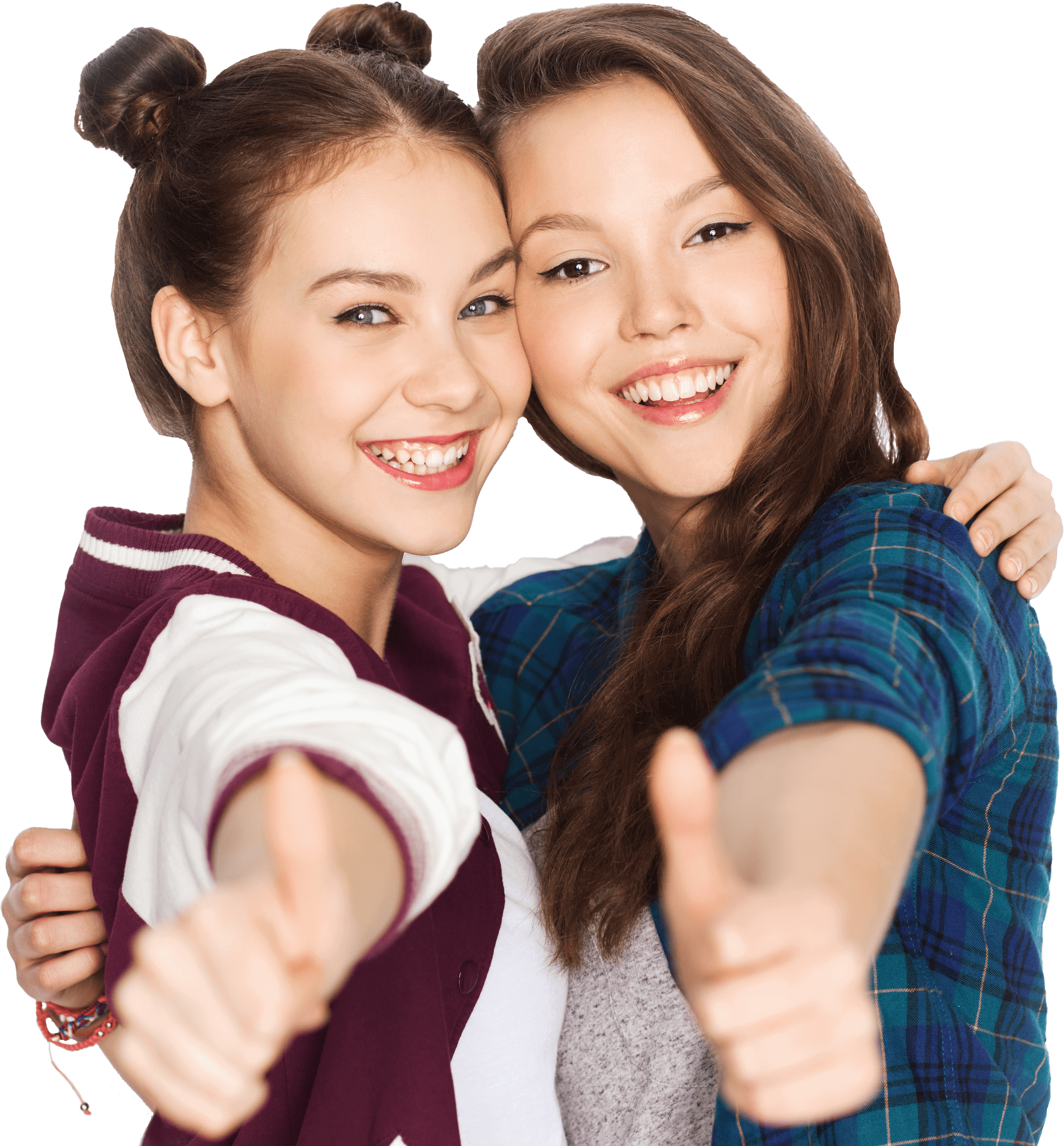 two girls hugging with thumbs up